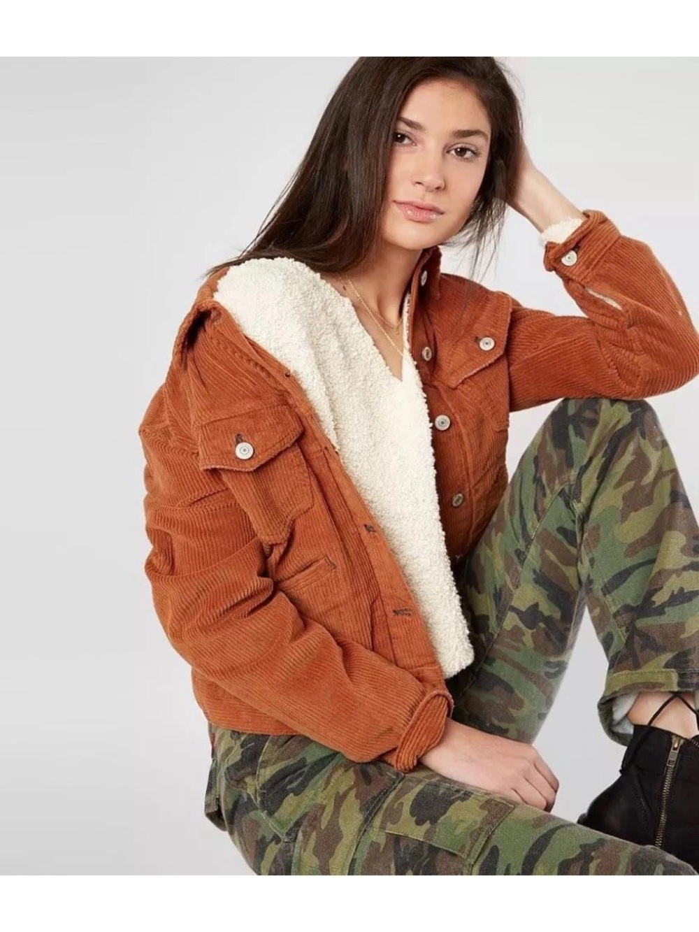 Free People Nelson Corduroy Trucker Jacket, rust orange/terracotta, size M - Picture 2 of 13